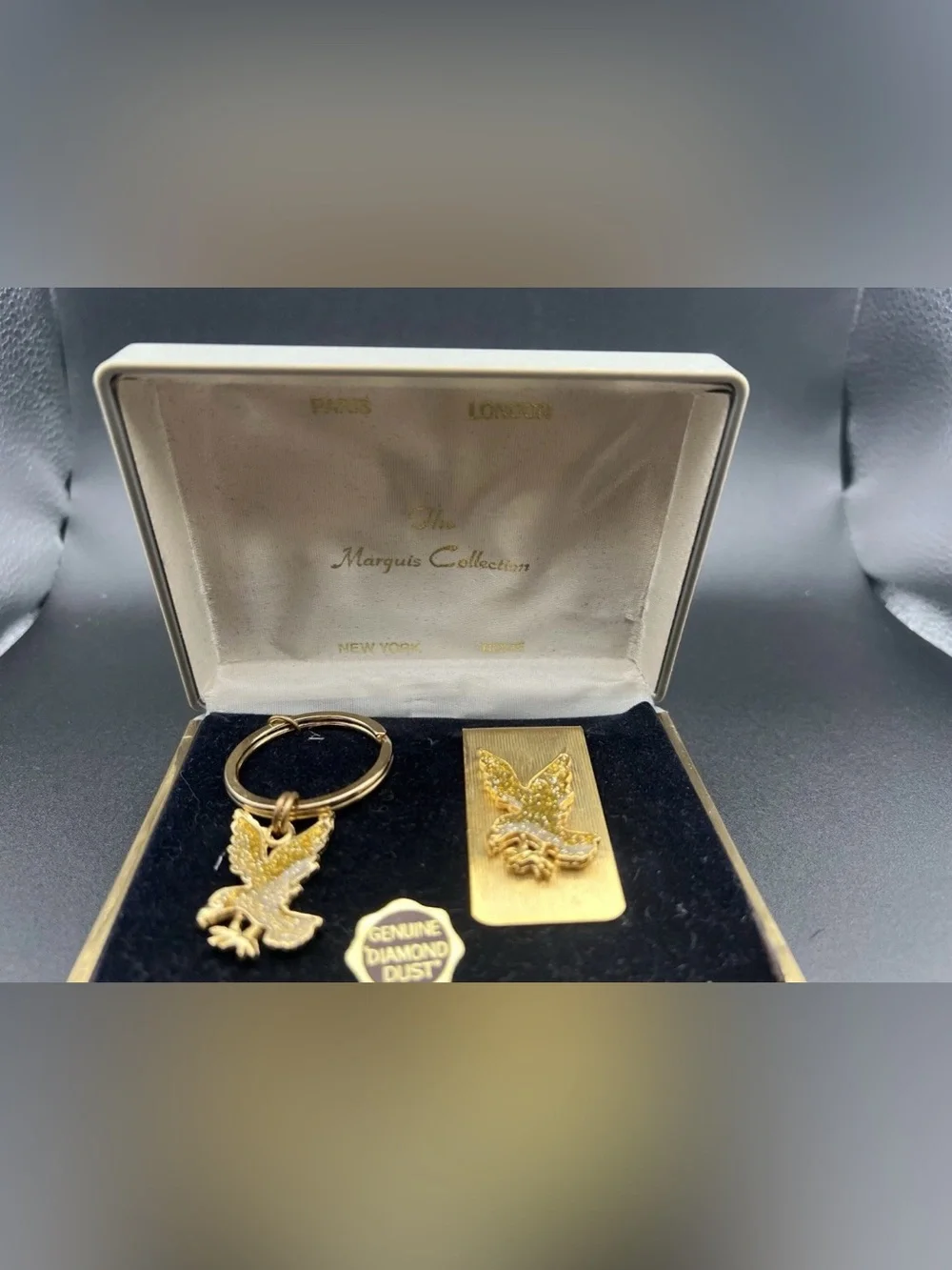 Vtg Eagle Keychain Money Clip Box Set Gold Tone Diamond Dust Patriotic American